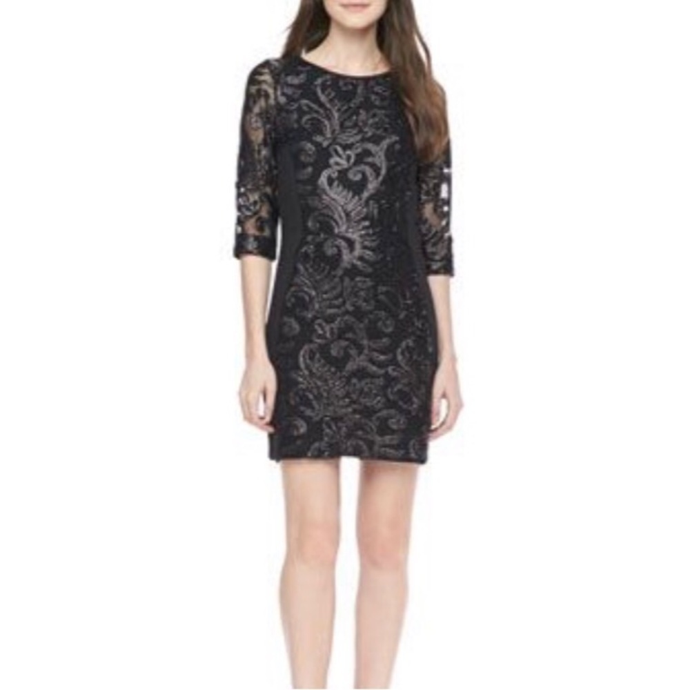 Greylin Trixie Sequined & Mesh 3/4 Sleeve Dress